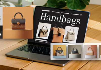 A laptop displaying a variety of stylish handbags for sale, with a prominent featured bag in the foreground on a wooden table.